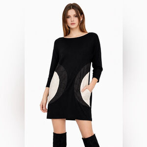 OZAI N KU Black Stretch Viscose Knit Dress Medium Colorblock Art Tunic